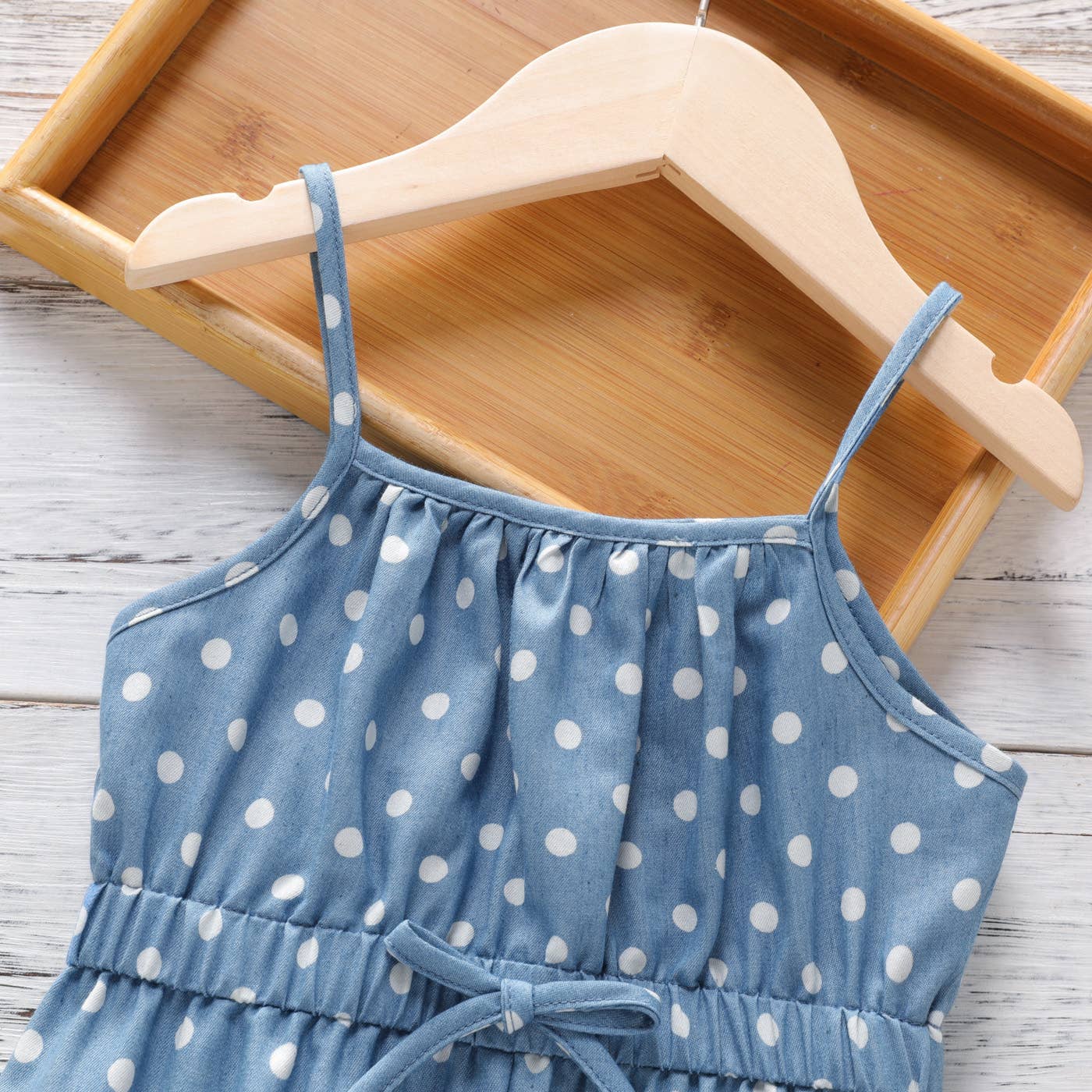 Toddler Girl Polka dots Bowknot Design Denim Cami Jumpsuits