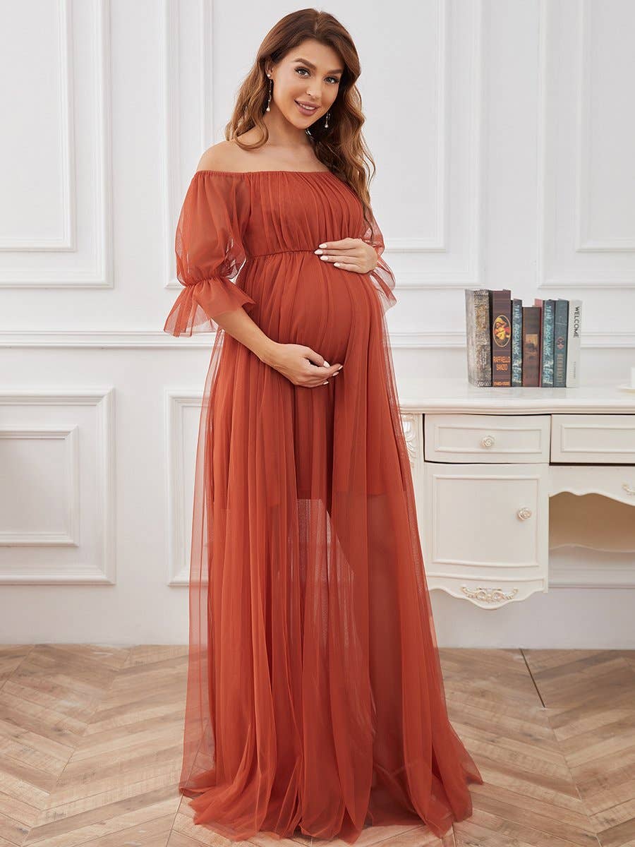A Line Puff Sleeves Mesh Maternity Dress