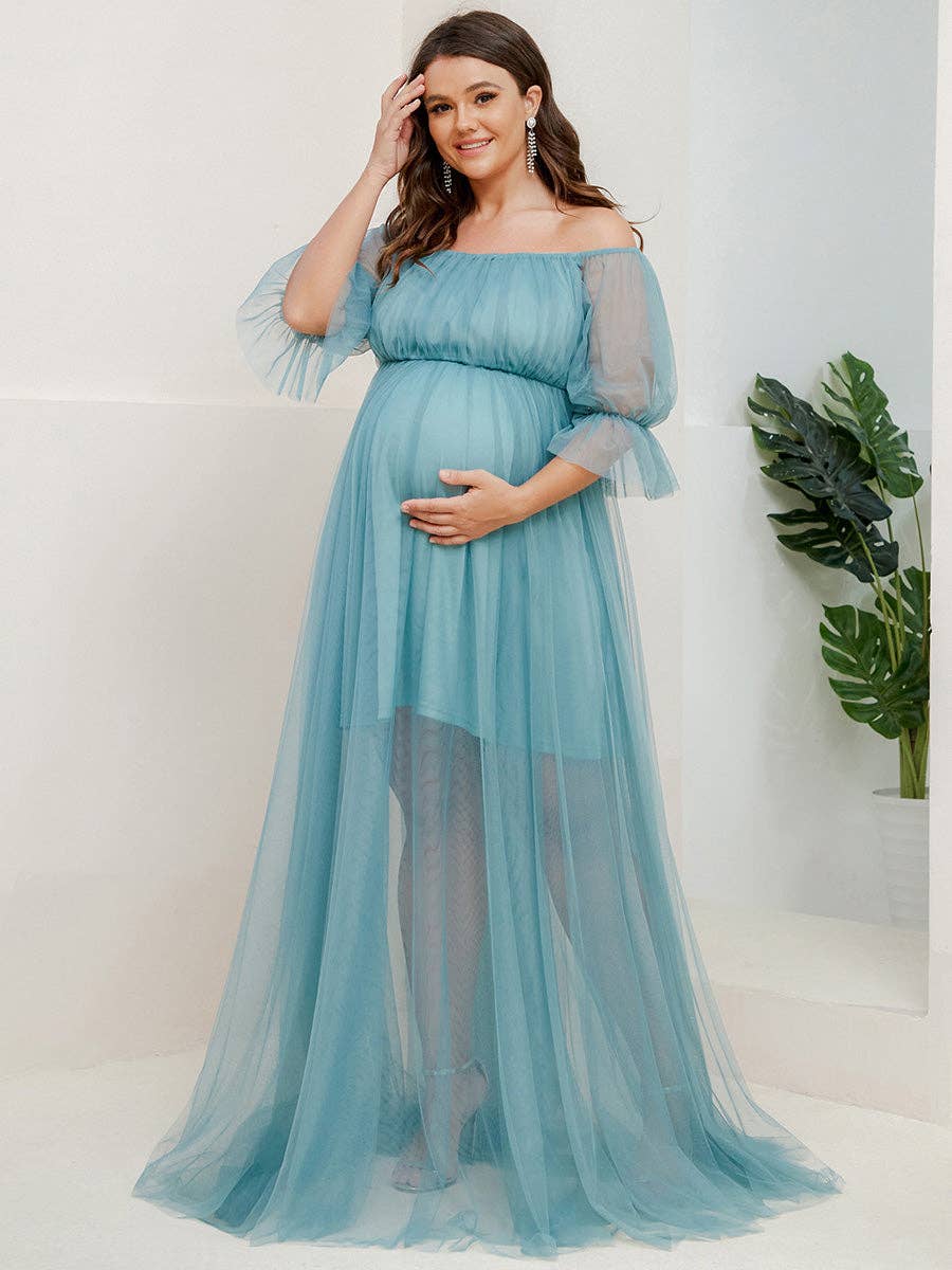 Plus Size Puff Sleeves Mesh Maternity Dress