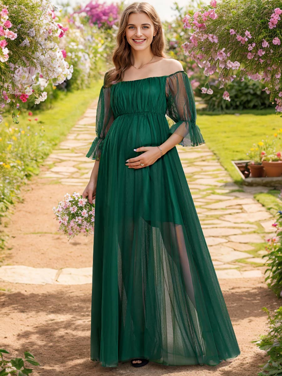 A Line Puff Sleeves Mesh Maternity Dress