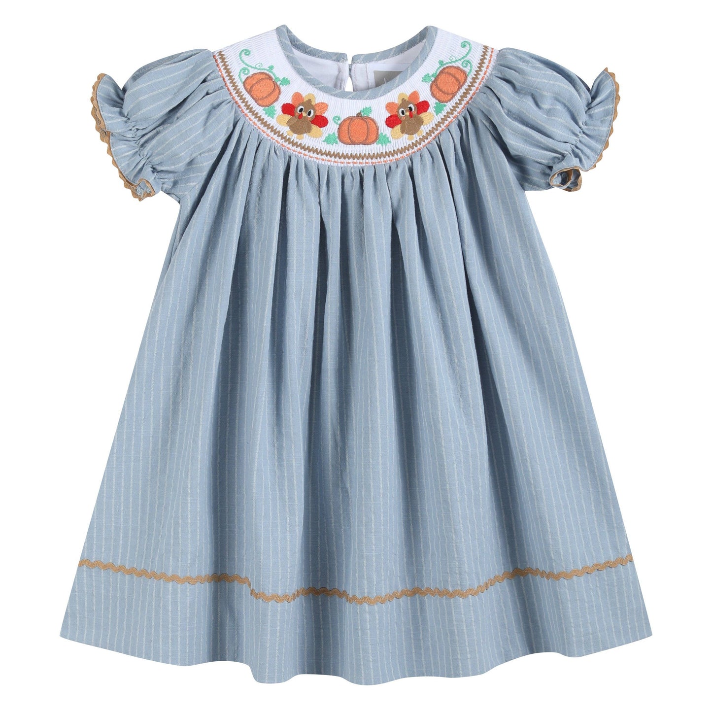 Light Blue Pinstripe Turkey Smocked Bishop Dress