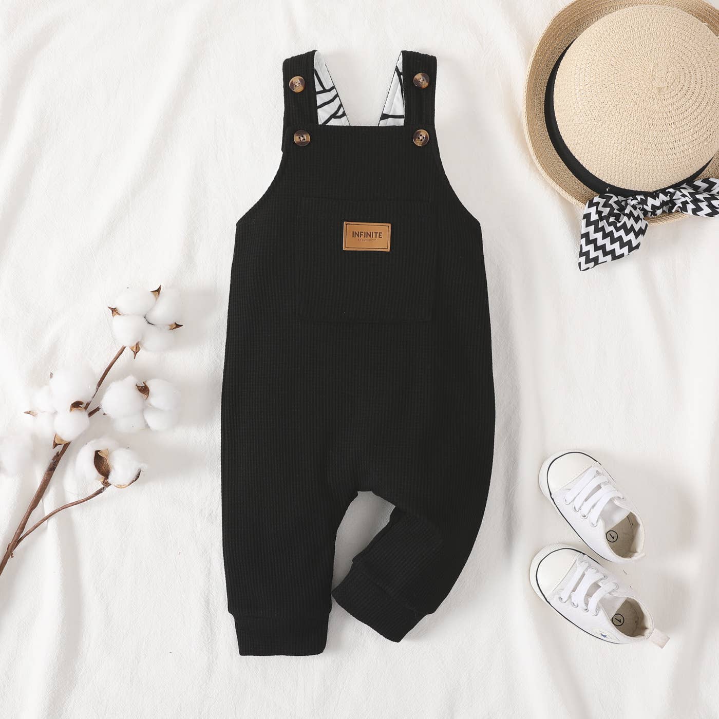 Baby Boy Waffle Letter Patched Pocket Front Overalls