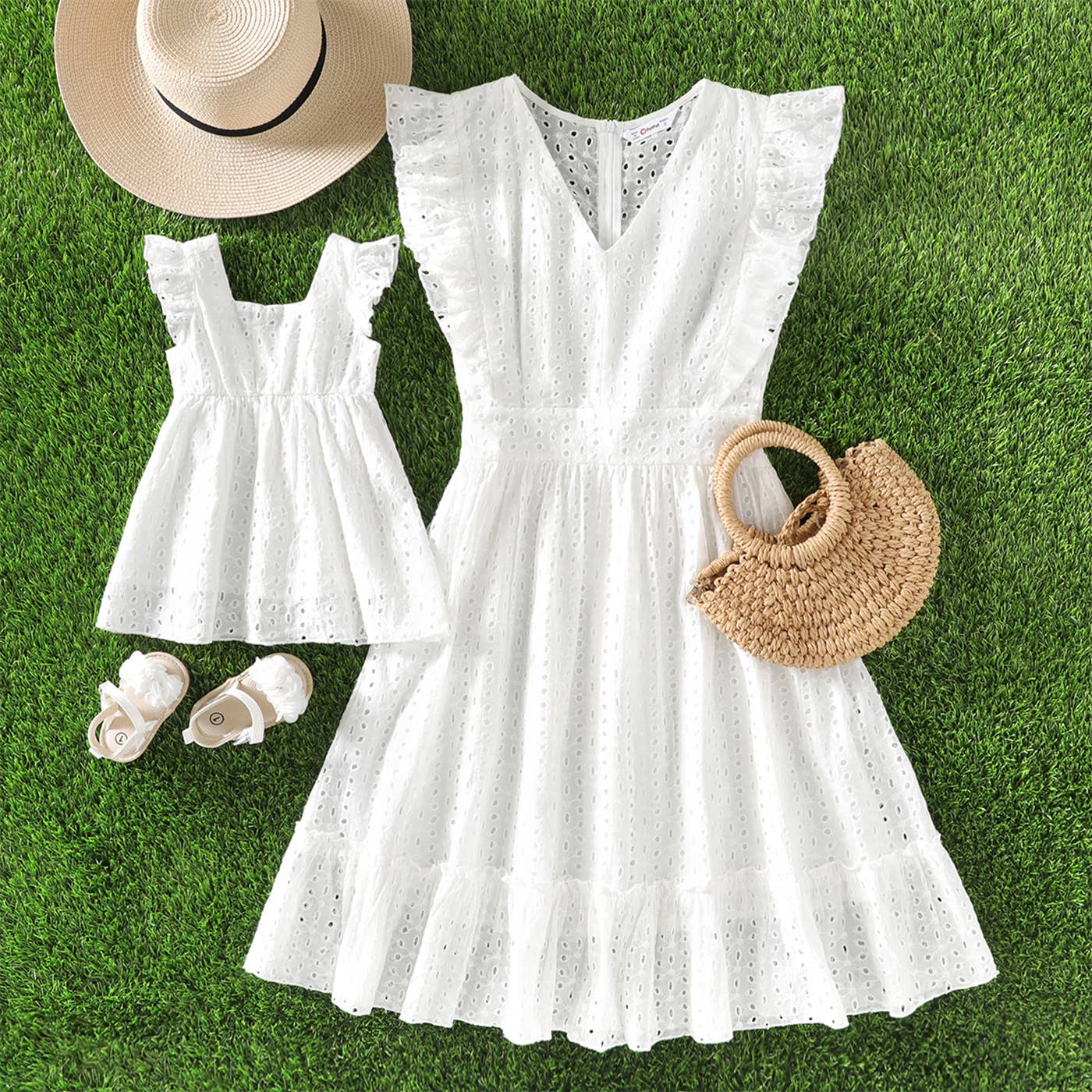 100% Cotton White Hollow-Out Embroidered Dress for Mom & Me