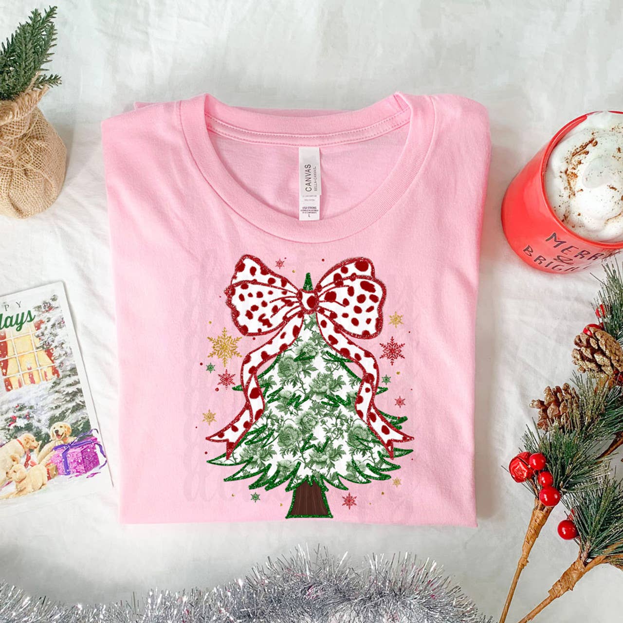 Green Floral Christmas Tree Faux Glitter DTF Heat Transfer