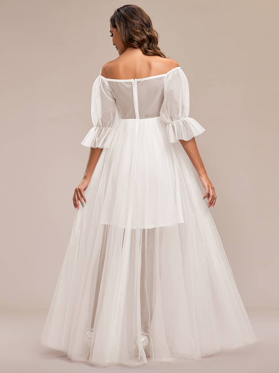 A Line Puff Sleeves Mesh Maternity Dress