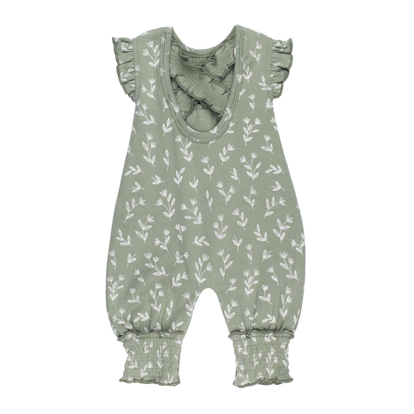 Organic Cross-Back Smocked S/Sleeve Romper in Seafoam Bloom