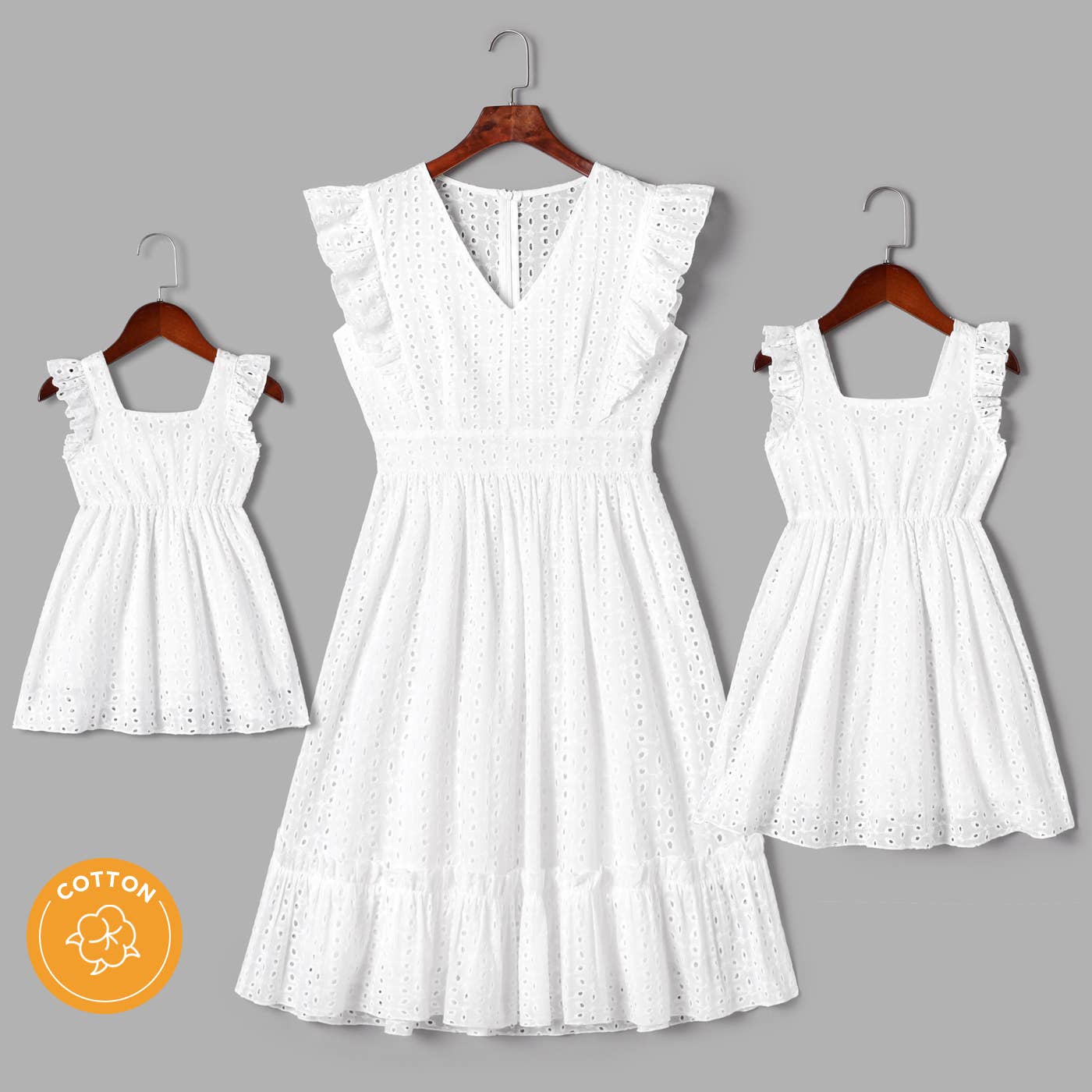 100% Cotton White Hollow-Out Embroidered Dress for Mom & Me
