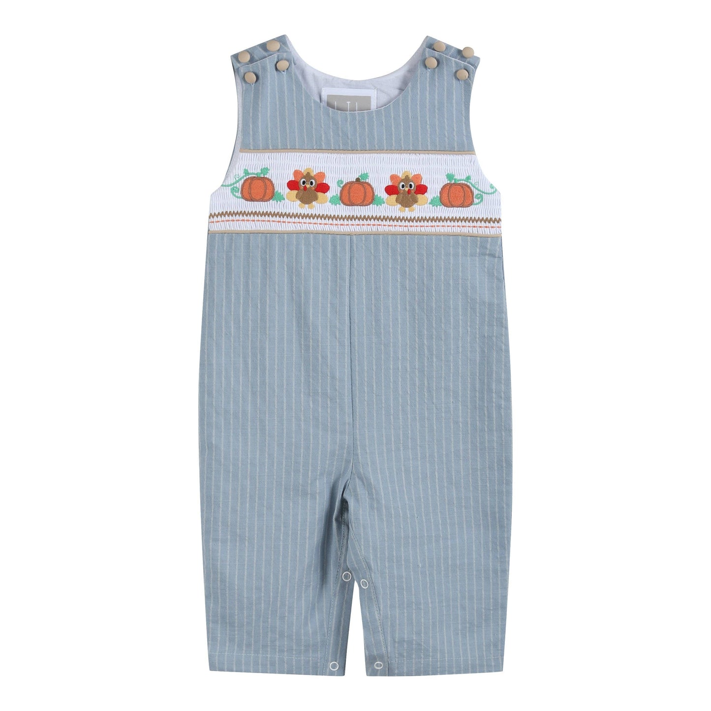 Light Blue Pinstripe Turkey Smocked Overalls