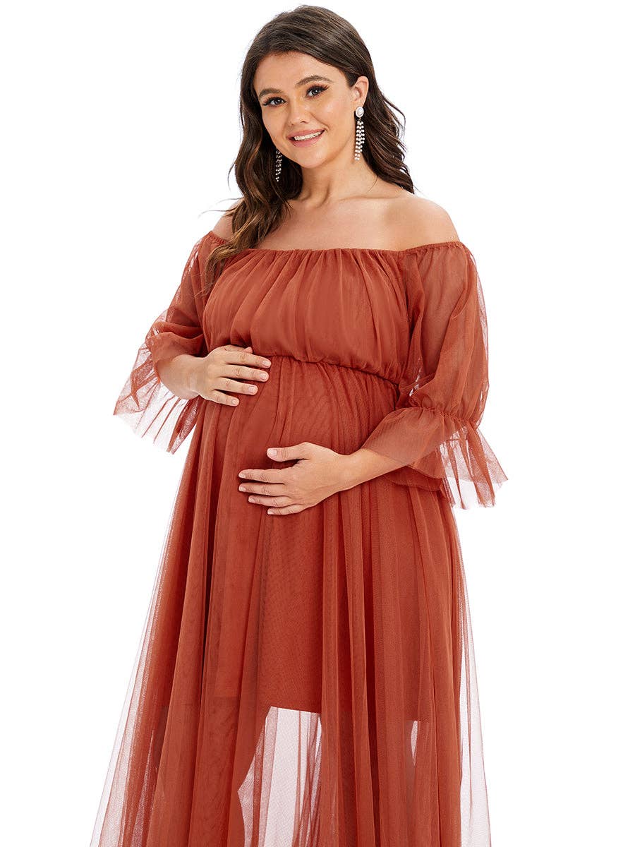 Plus Size Puff Sleeves Mesh Maternity Dress