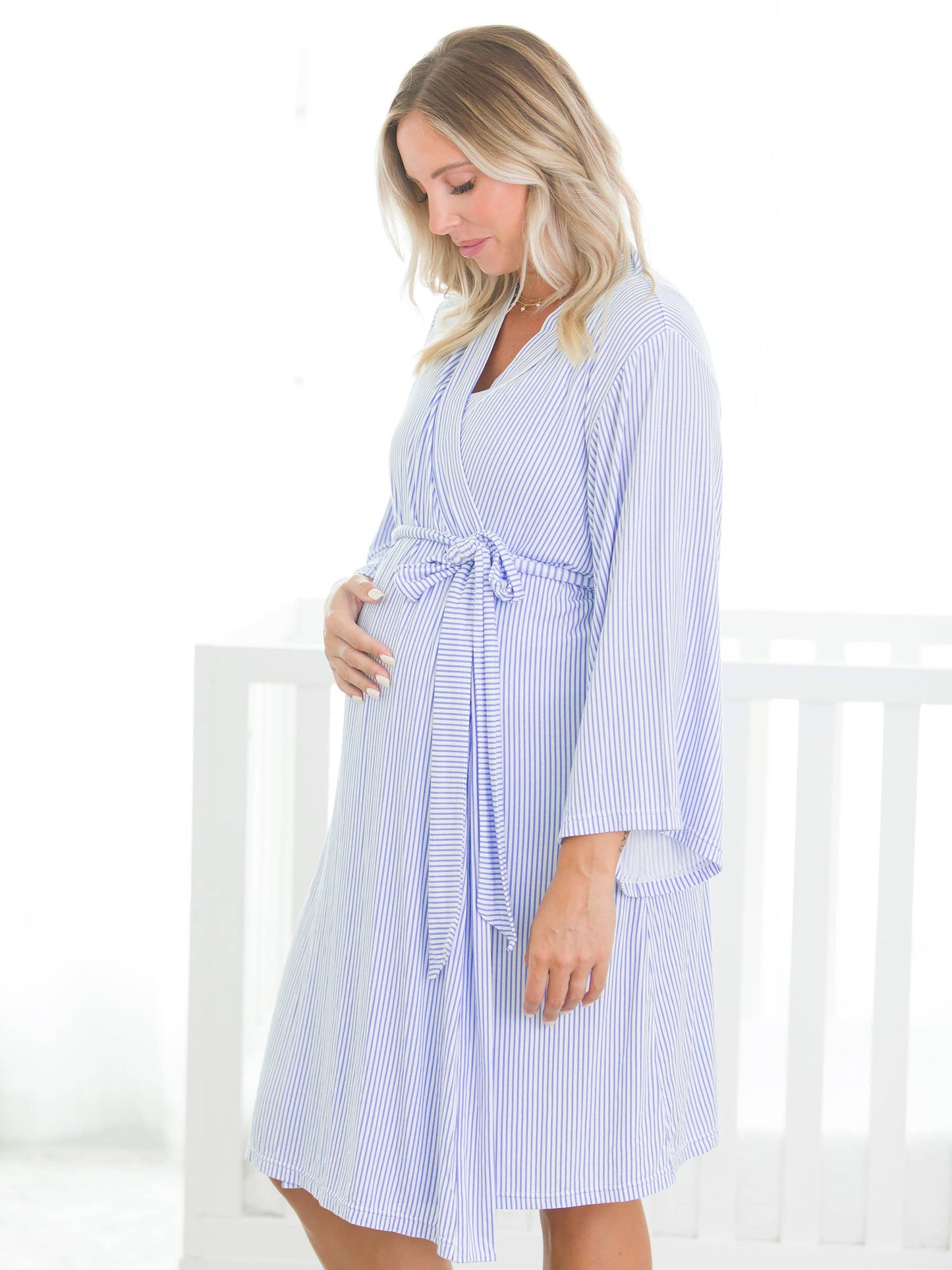 Women's Periwinkle & White Micro Stripe Bamboo Viscose Mommy & Me Maternity Robe