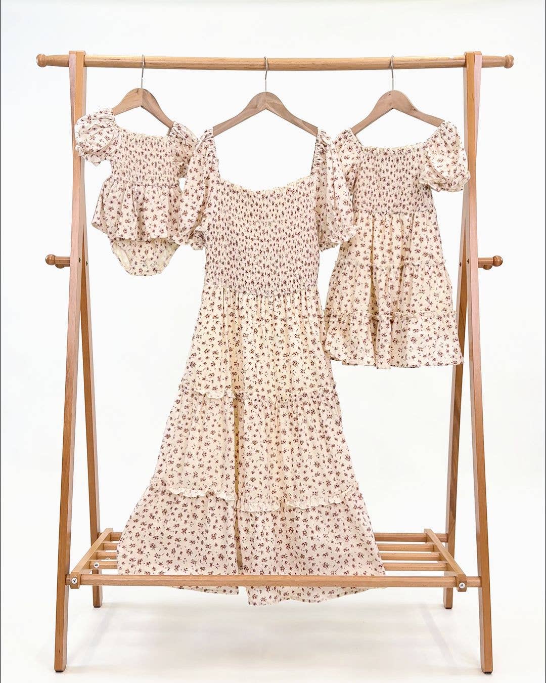 Mom & Me Ditsy Shirred Bodice Tiered Ruffle Trim Dress