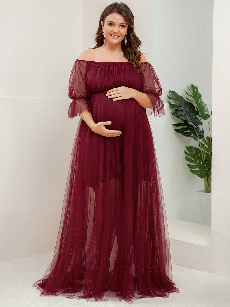Plus Size Puff Sleeves Mesh Maternity Dress