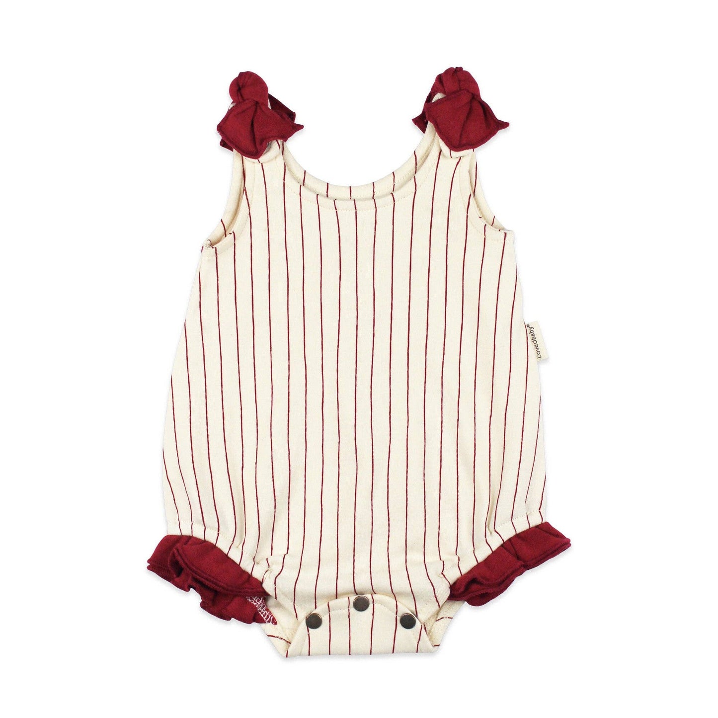 Organic Bowtie Shoulder Bodysuit in Crimson Pinstripe