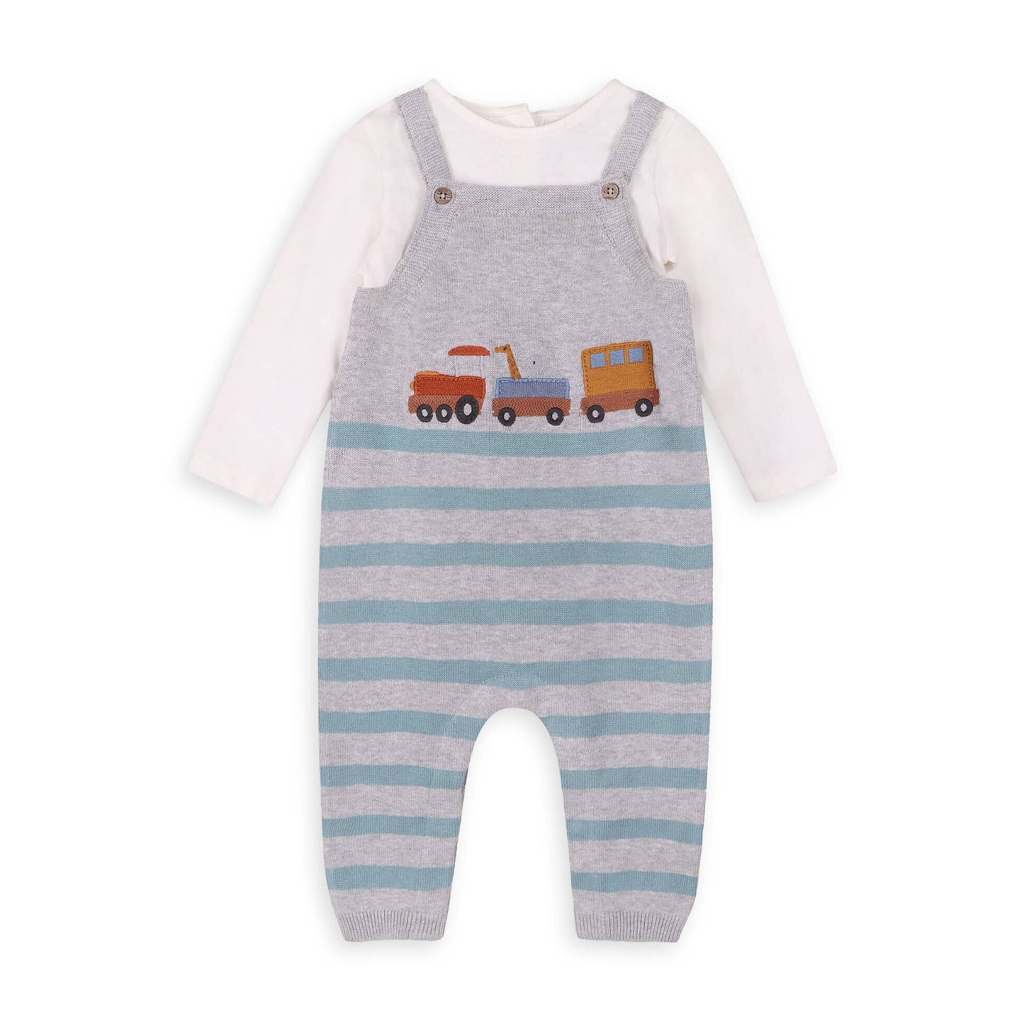 Train Applique & Stripe Baby Overall & Bodysuit Set
