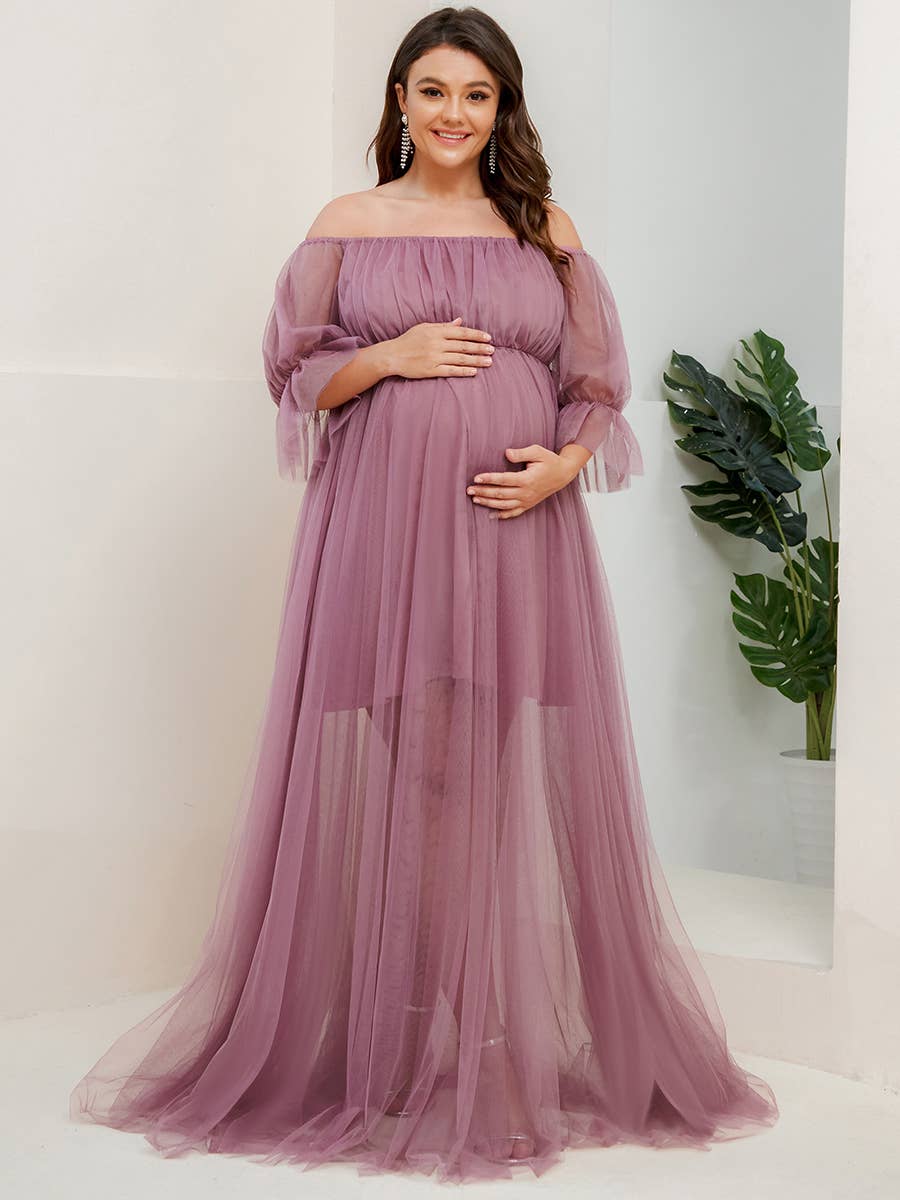 Plus Size Puff Sleeves Mesh Maternity Dress