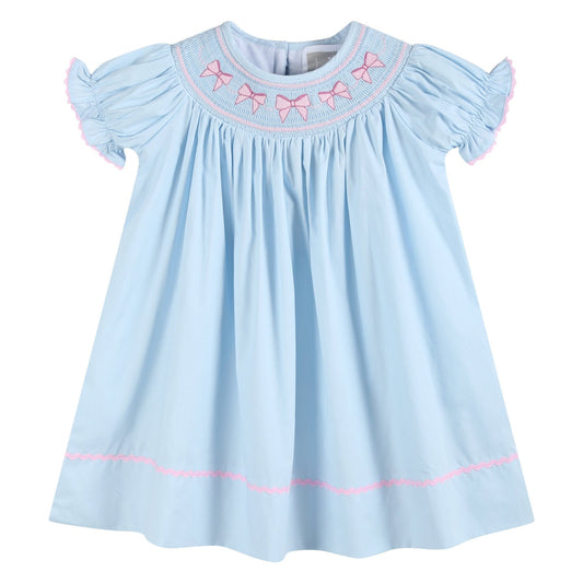 Blue and Pink Bow Smocked Bishop Dress