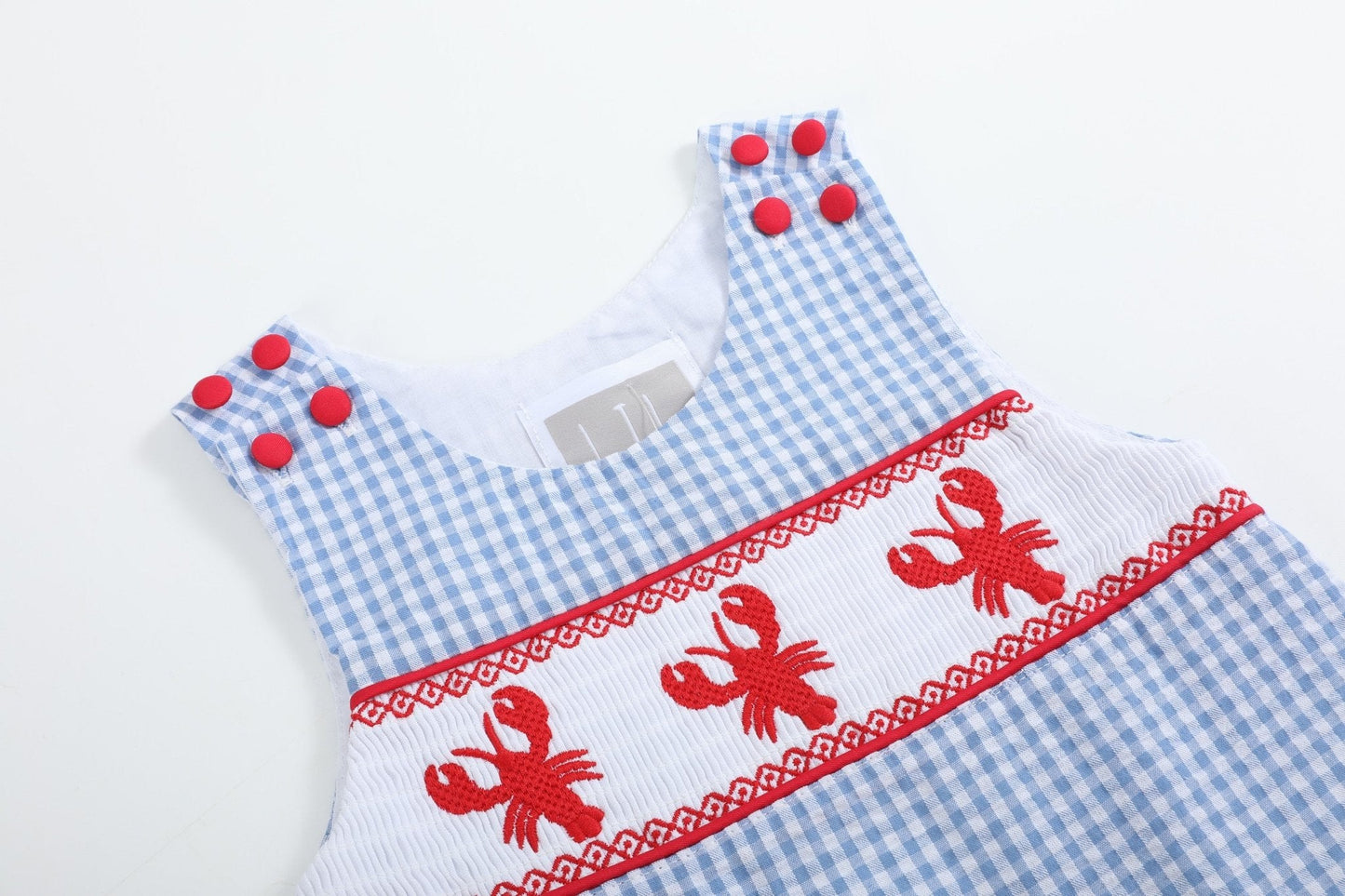 Blue Gingham Crawfish Smocked Shortalls