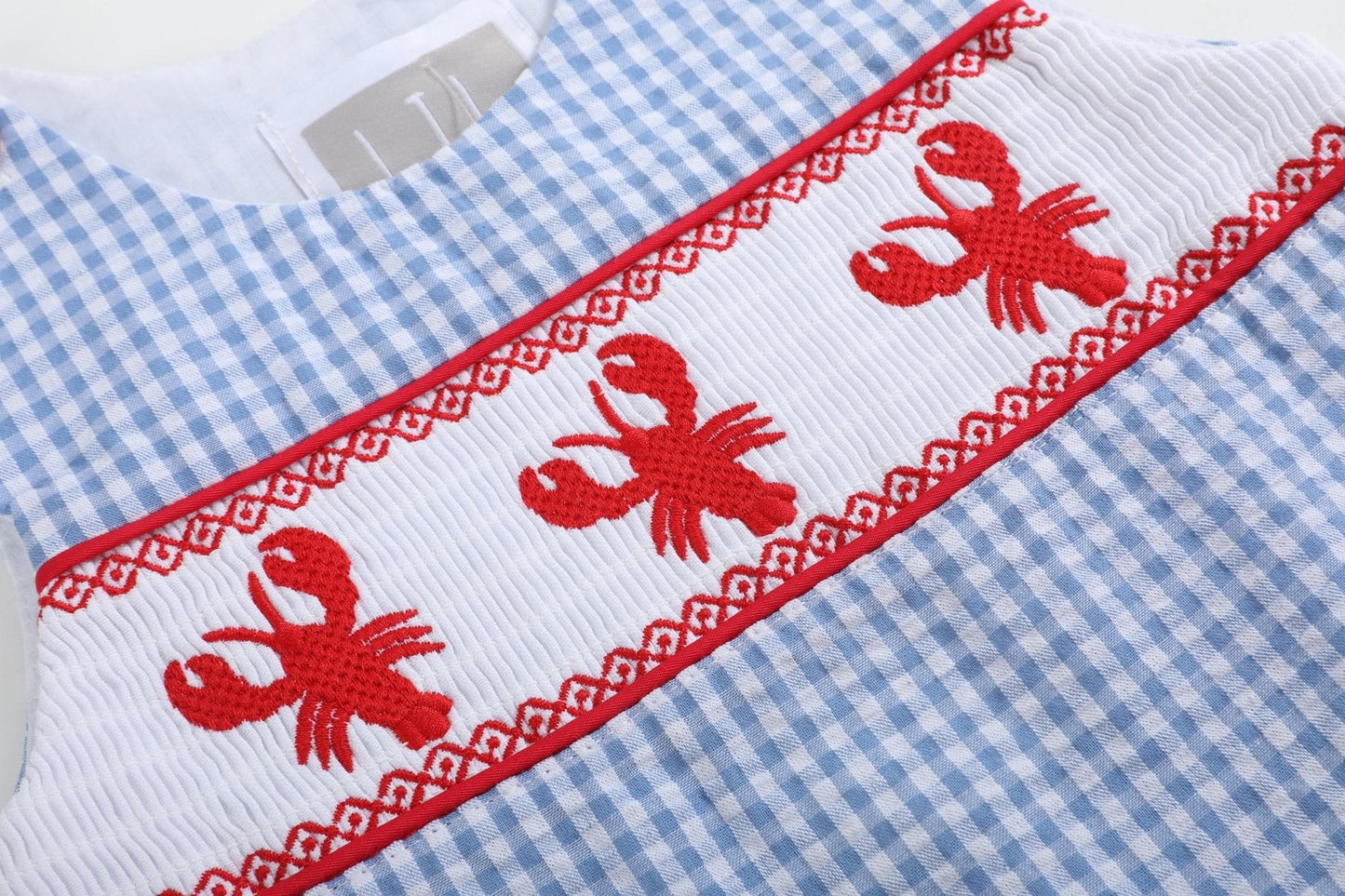 Blue Gingham Crawfish Smocked Shortalls