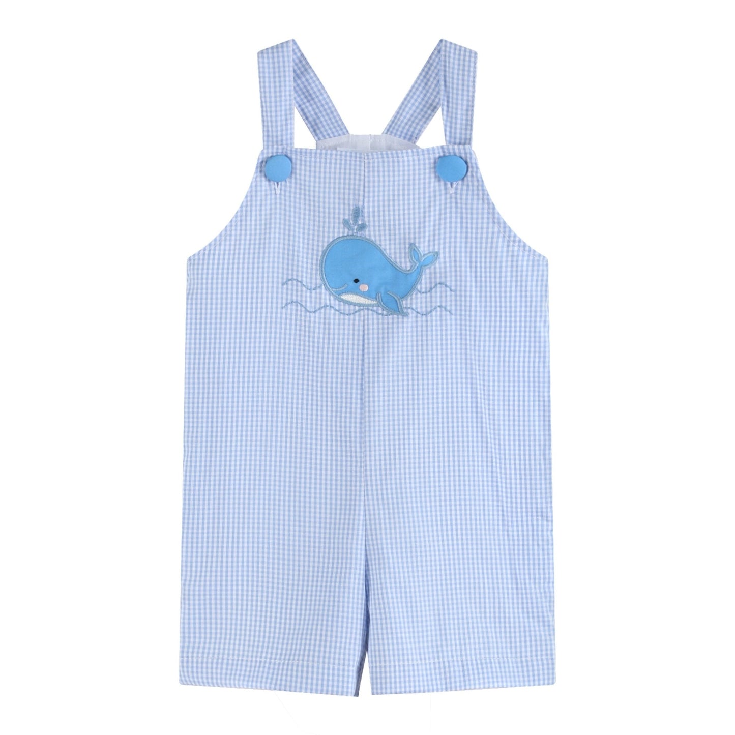 Blue Gingham Whale Overall Shortalls