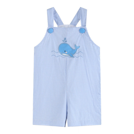 Blue Gingham Whale Overall Shortalls