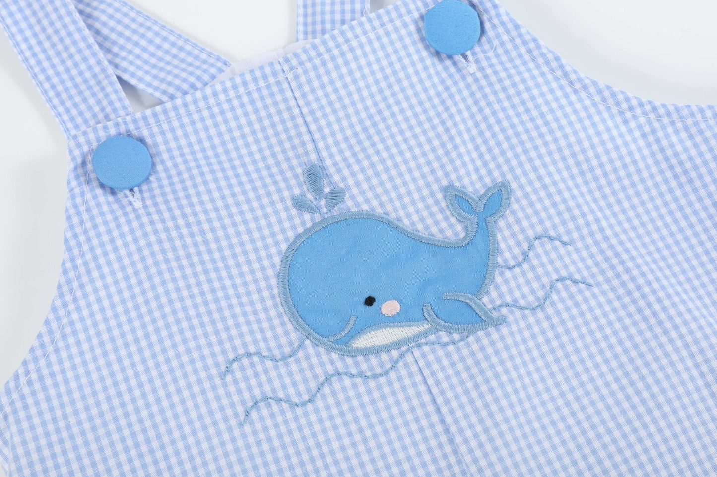 Blue Gingham Whale Overall Shortalls