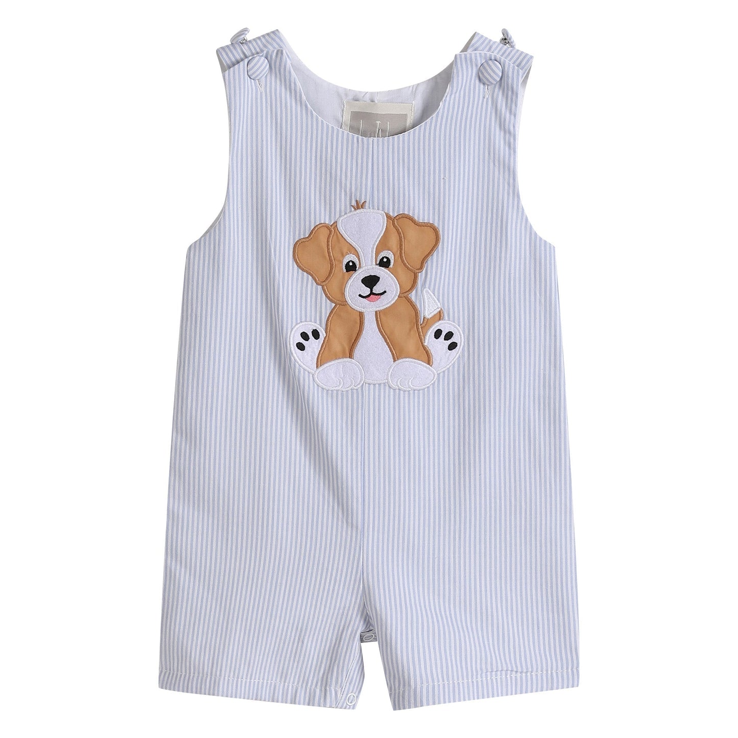 Blue Puppy Appliqué Seersucker Shortalls