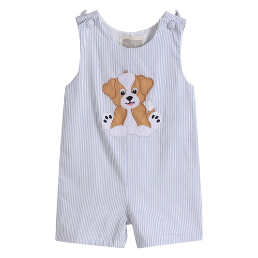 Blue Puppy Appliqué Seersucker Shortalls