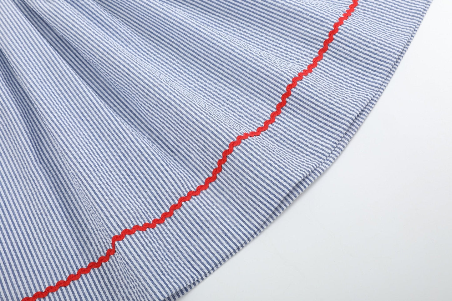 Blue Seersucker Baseball Smocked Bishop Dress