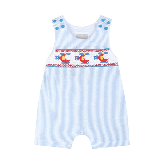 Blue Seersucker Helicopter Smocked Shortalls