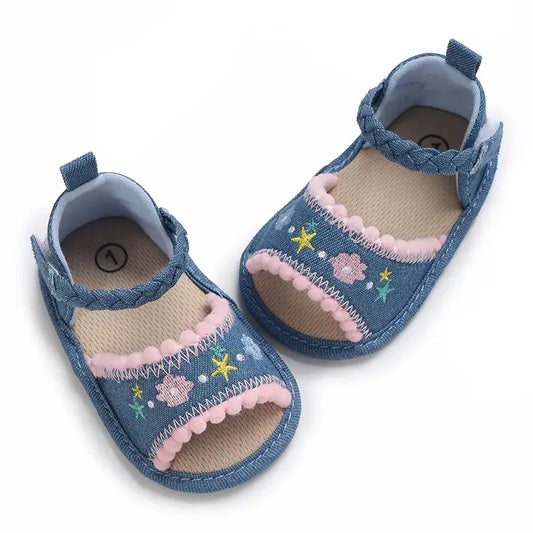 Baby/Toddler Girl Boho Flower Embroidered Denim Crib Shoes
