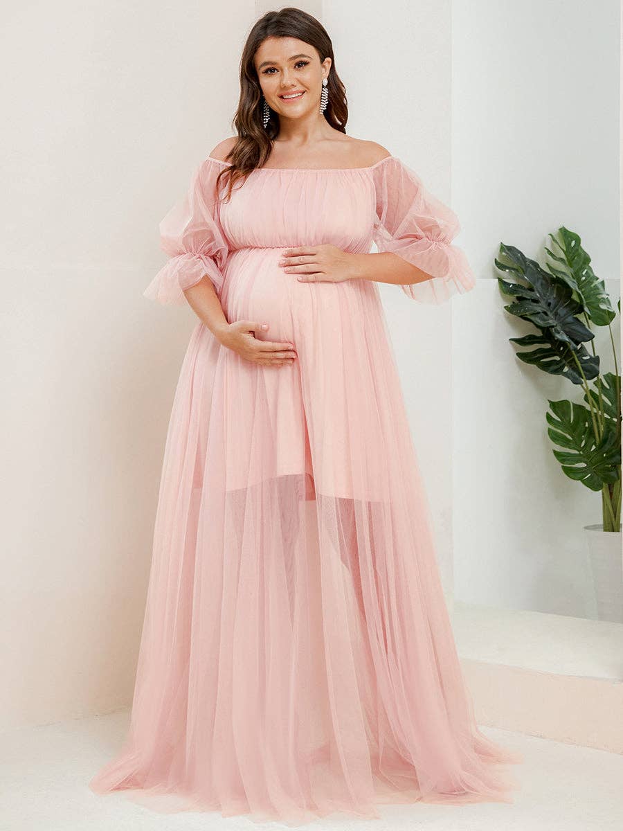 Plus Size Puff Sleeves Mesh Maternity Dress