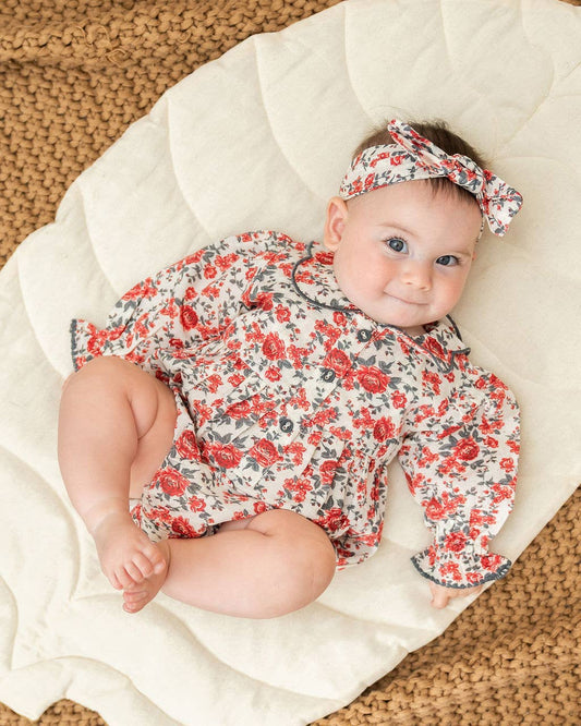 Rosabelle Rose Floral Baby Romper & Headband (Linen Blend)