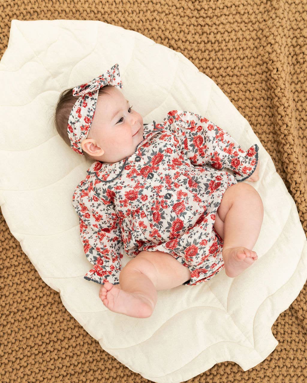 Rosabelle Rose Floral Baby Romper & Headband (Linen Blend)