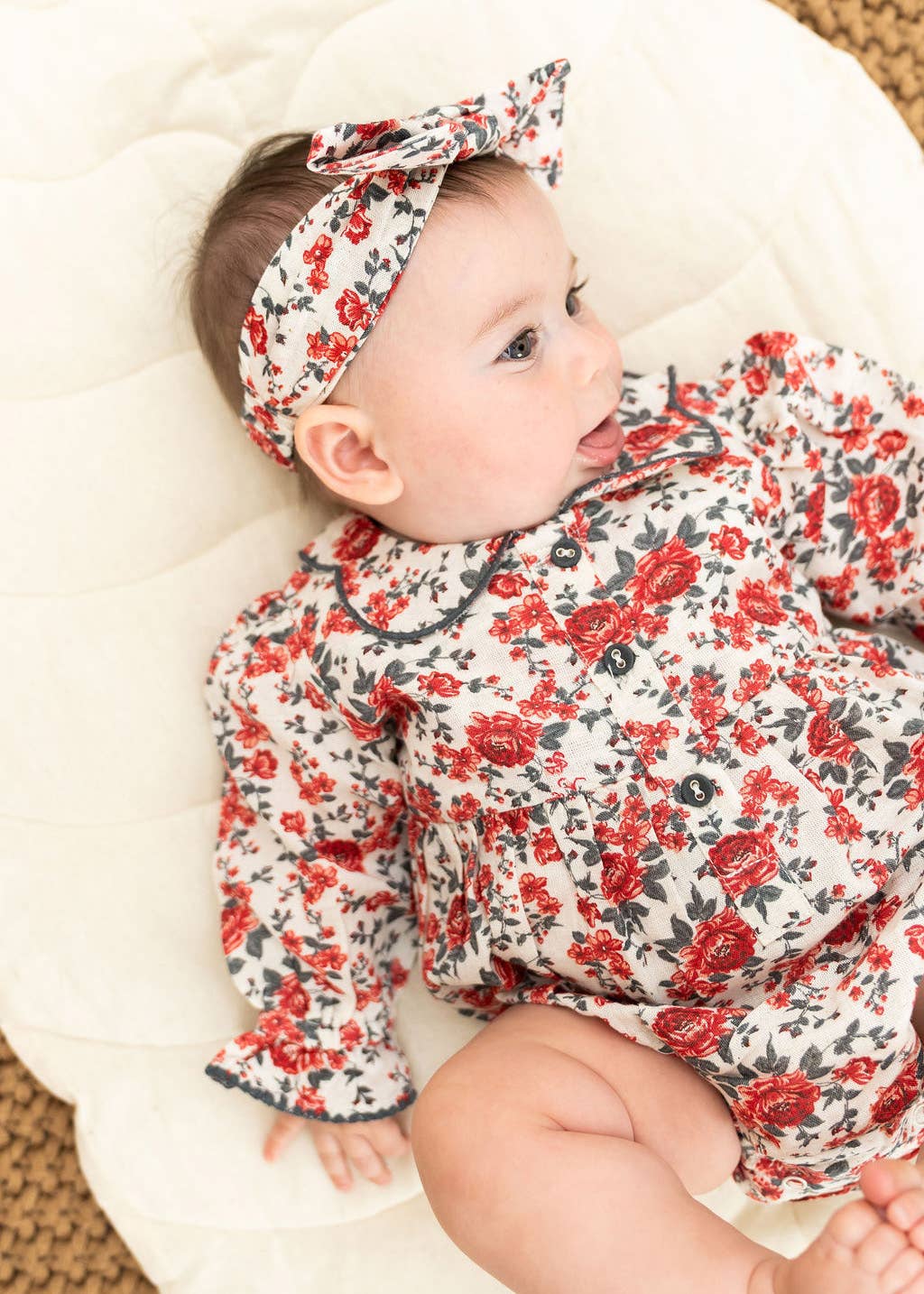 Rosabelle Rose Floral Baby Romper & Headband (Linen Blend)