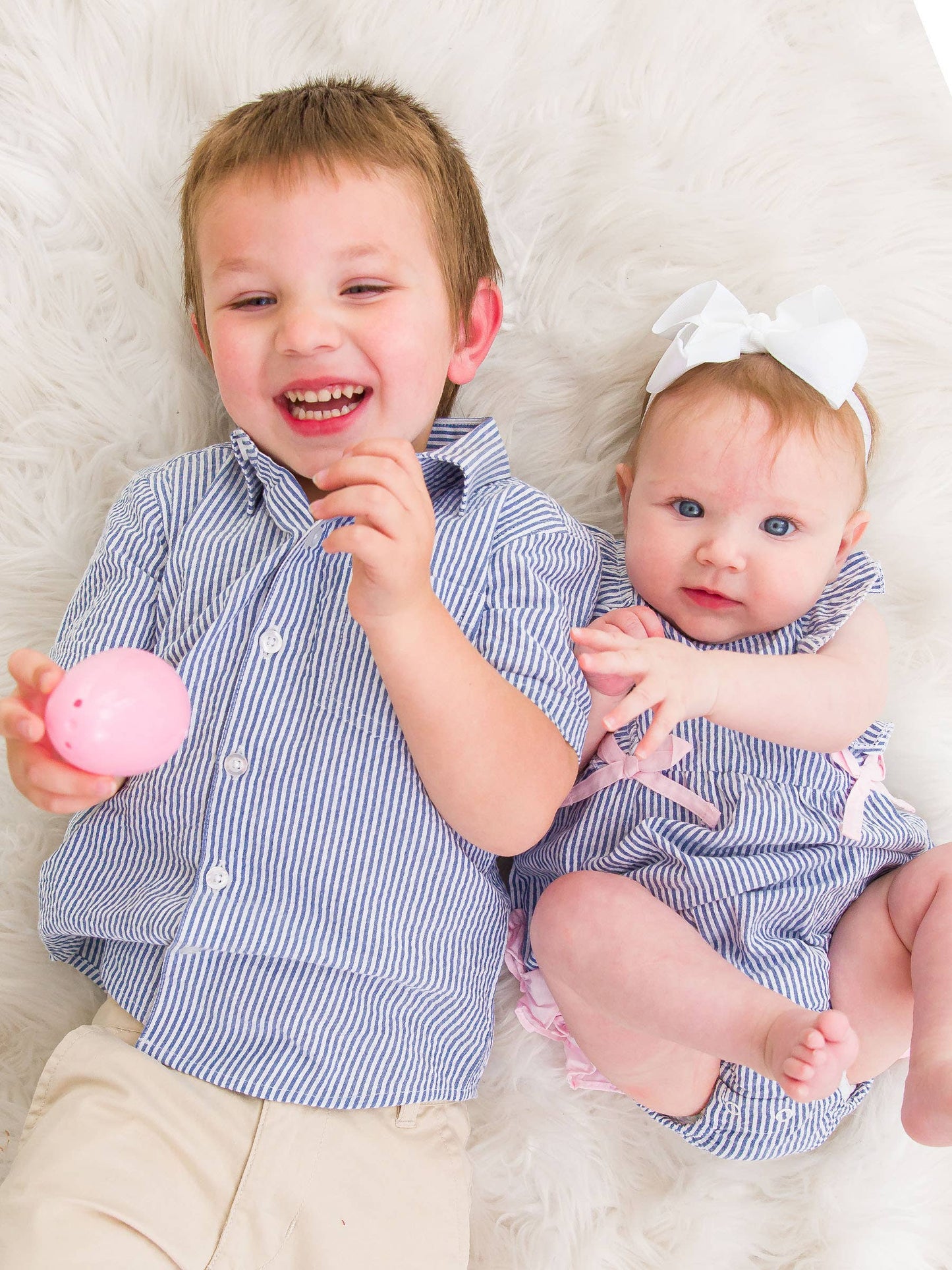 Baby Girls Blue Seersucker Classic Ruffle Bubble Romper