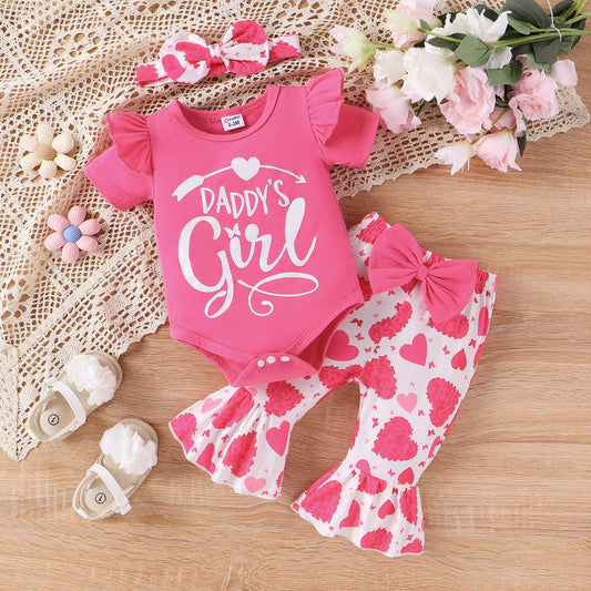 3pcs Baby Girl Sweet Cotton Letter Romper and Heart Print