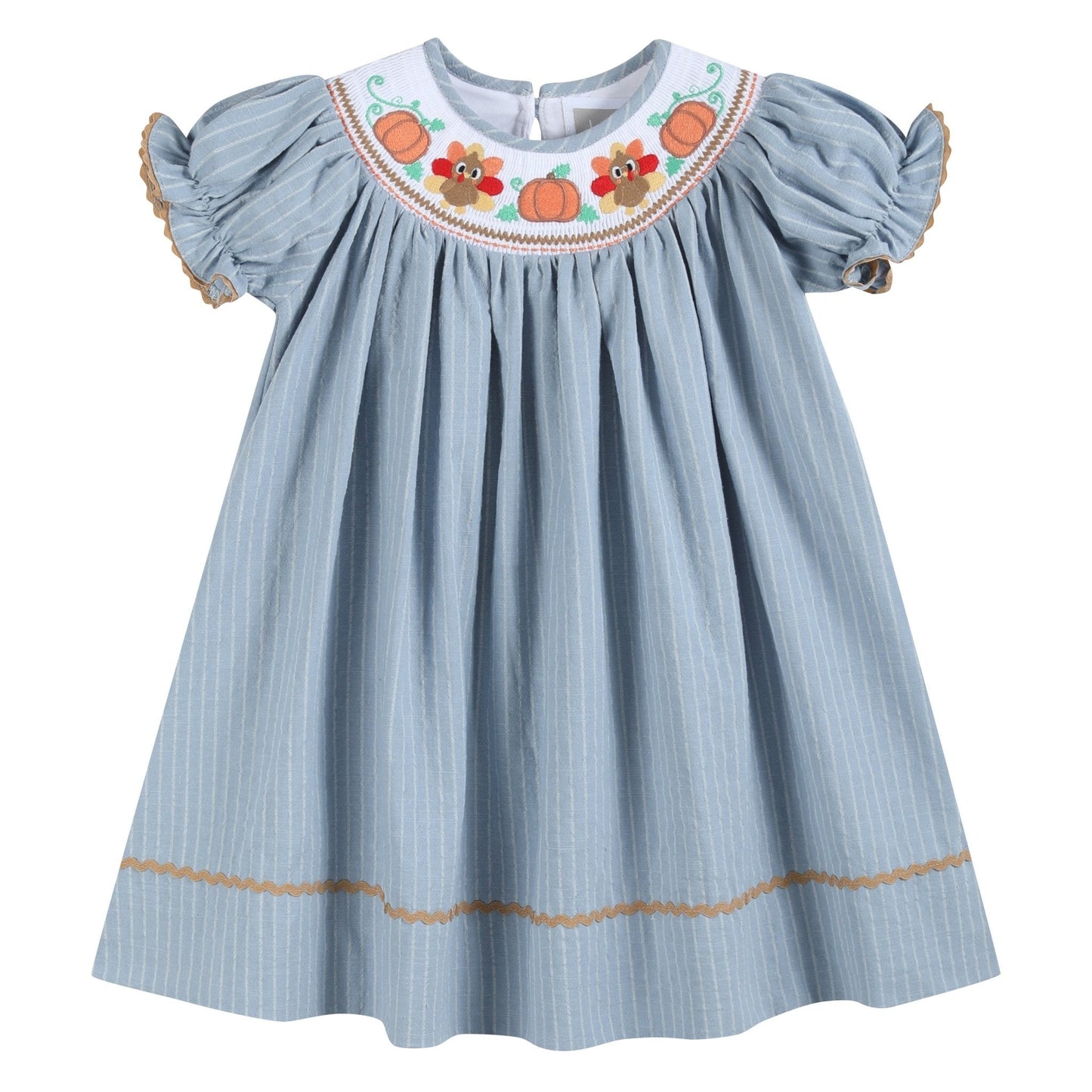 Light Blue Pinstripe Turkey Smocked Bishop Dress