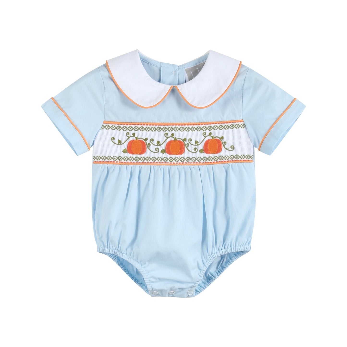 Light Blue Pumpkin Vine Smocked Collared Romper
