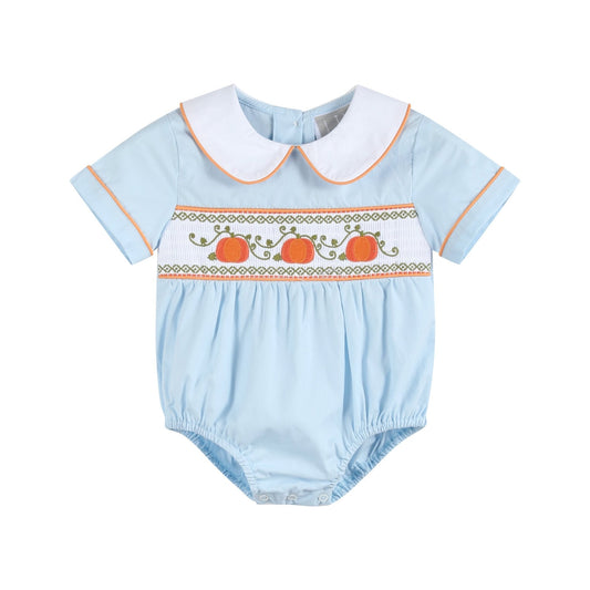 Light Blue Pumpkin Vine Smocked Collared Romper