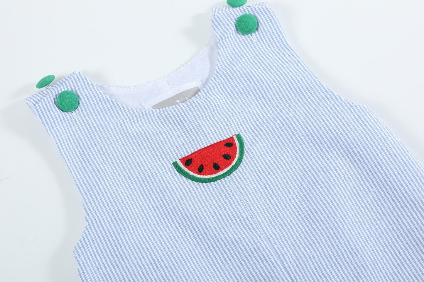 Light Blue Seersucker Watermelon Shortalls