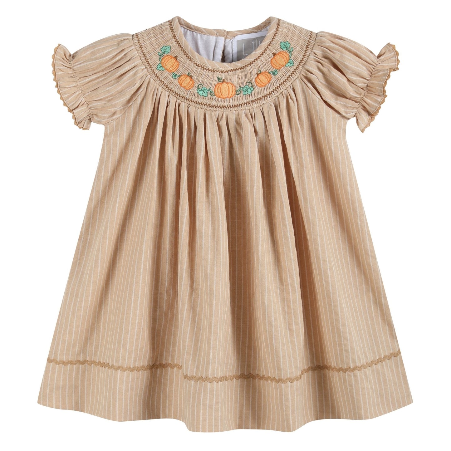Light Brown Pinstripe Pumpkin Smocked Bishop Dress
