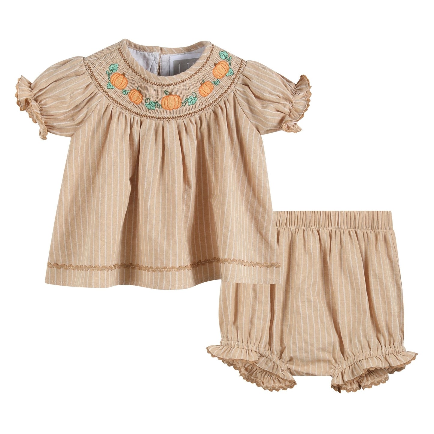 Light Brown Pinstripe Pumpkin Smocked Dress and Bloomer Set