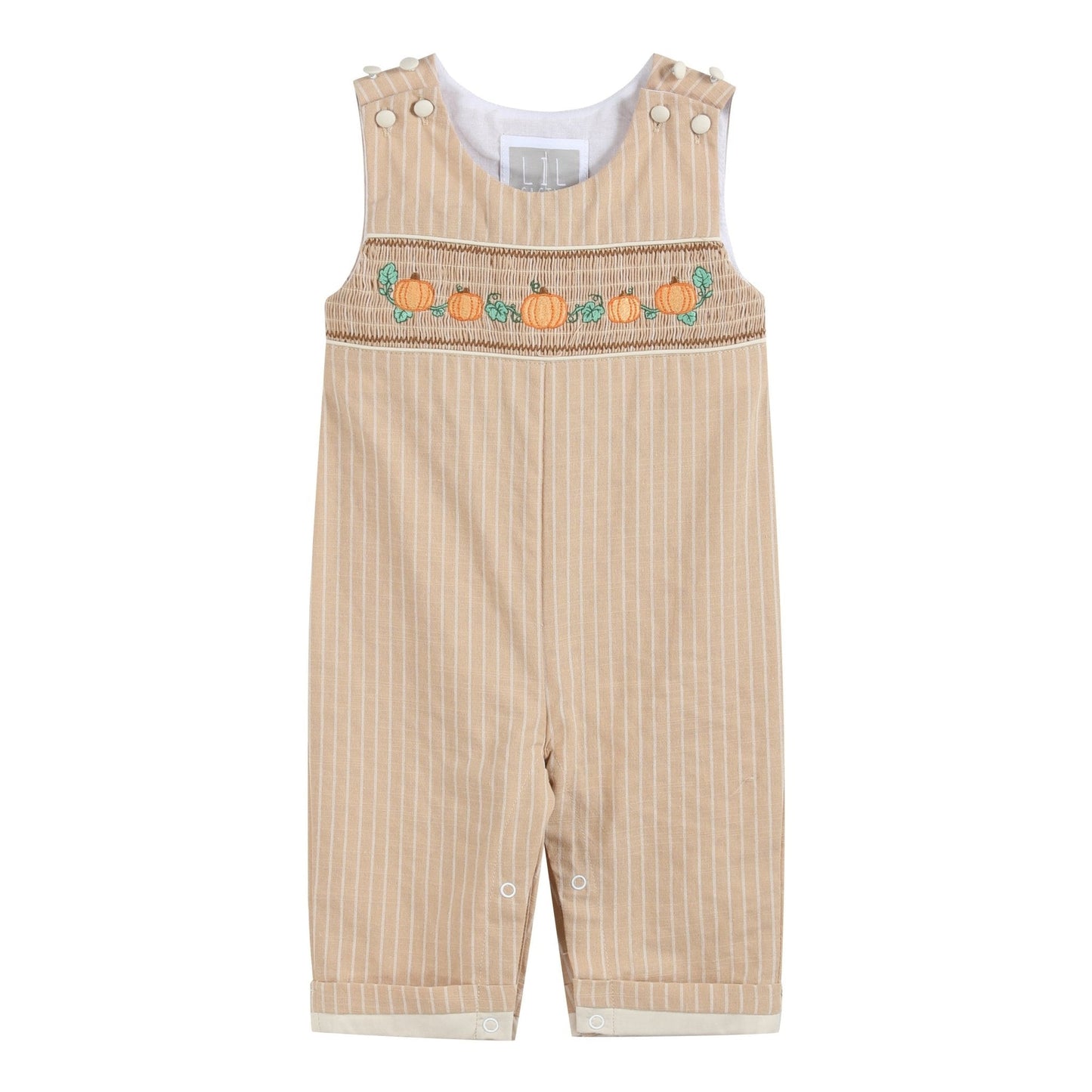 Light Brown Pinstripe Pumpkin Smocked Overalls