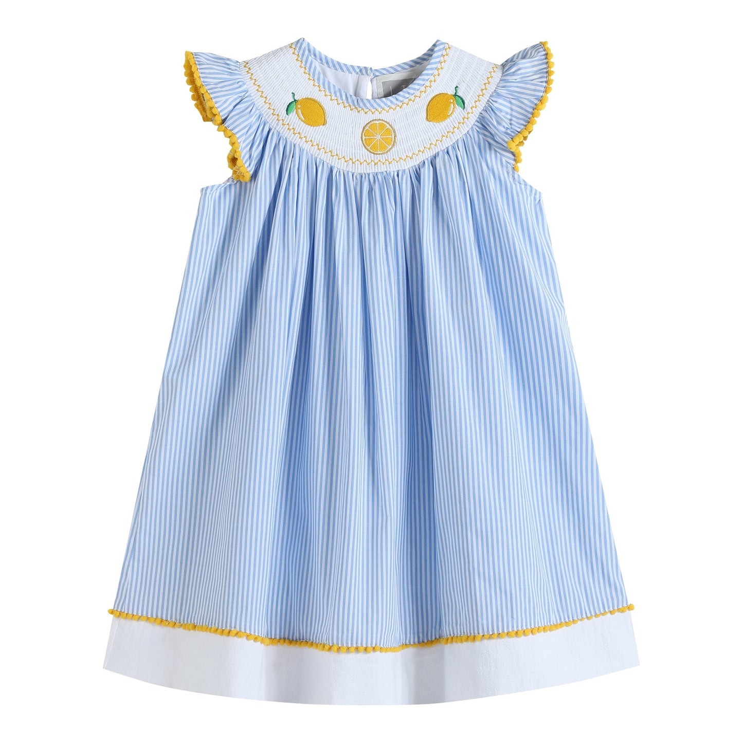 Light Blue Striped Lemons Smocked Bishop Dress