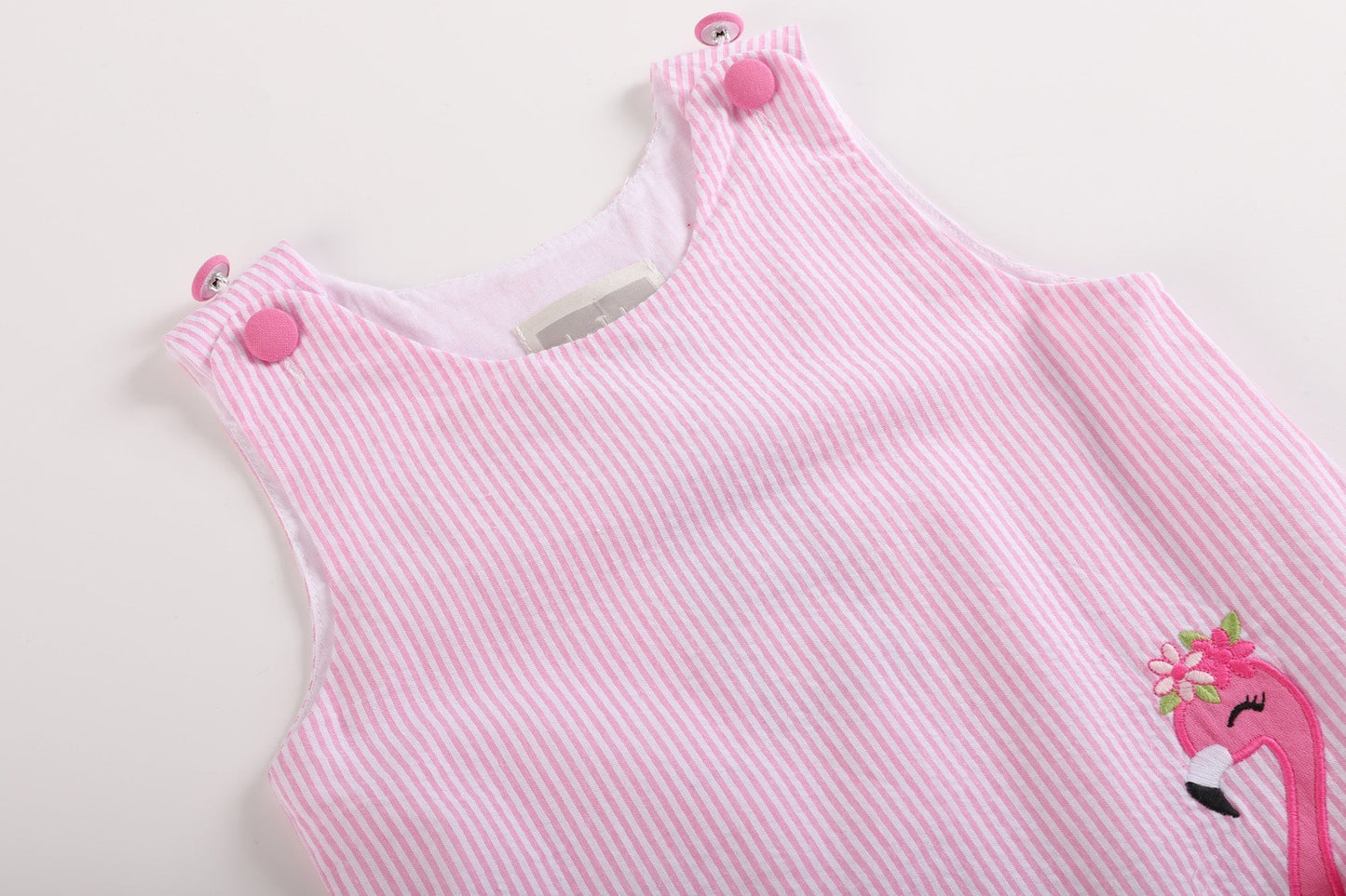 Pink Seersucker Flamingo Ruffle Dress