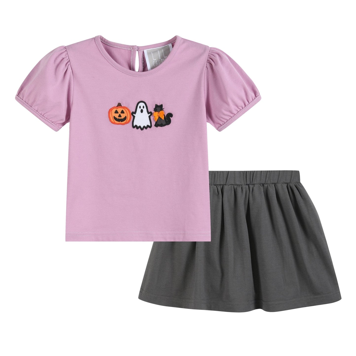Purple Halloween Ruffle Top and Gray Skort Set