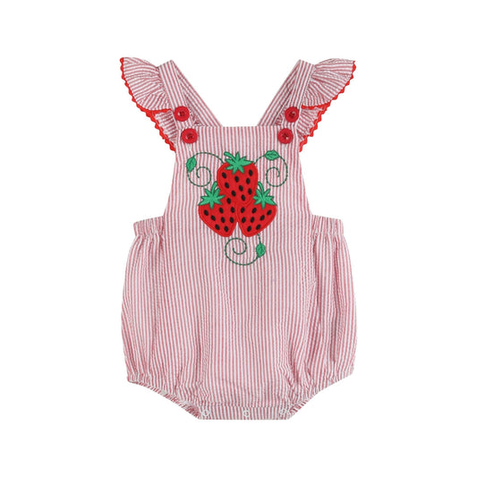 Red Seersucker Strawberry Ruffle Romper