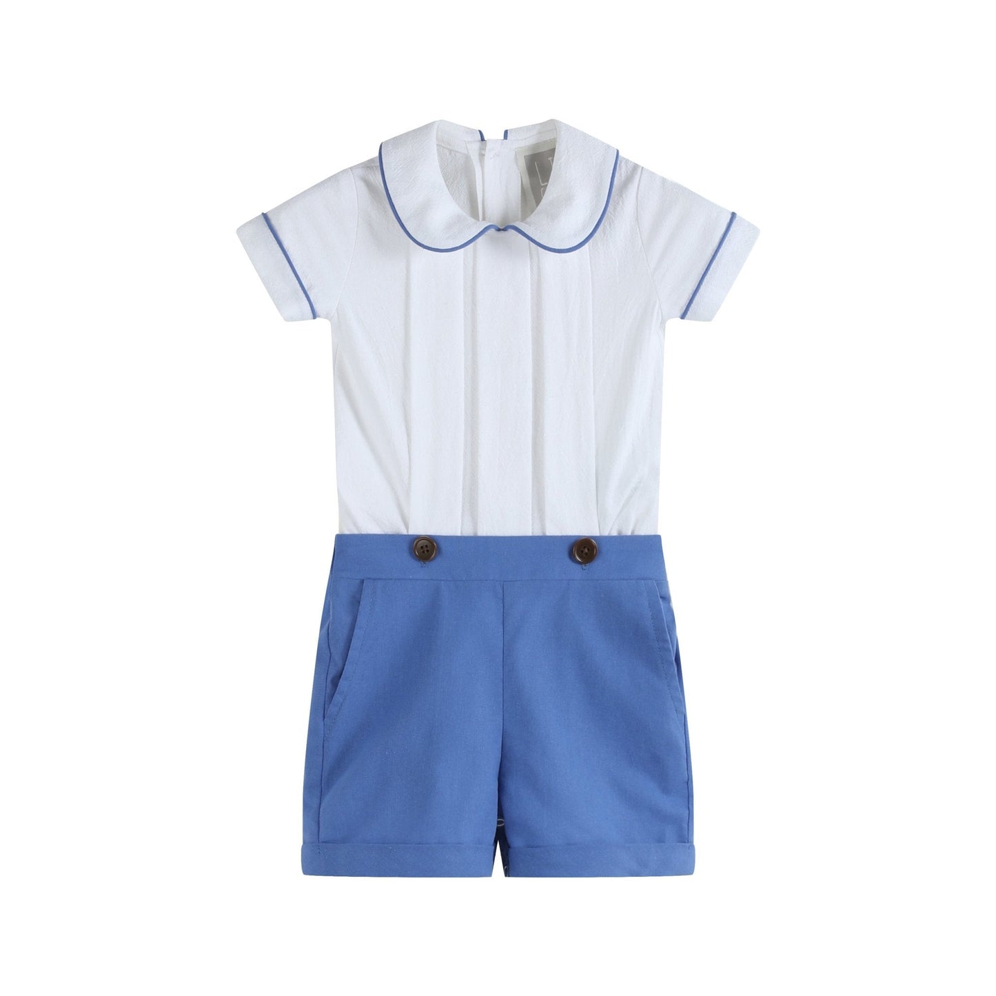 White Collared Top and Blue Button Shorts