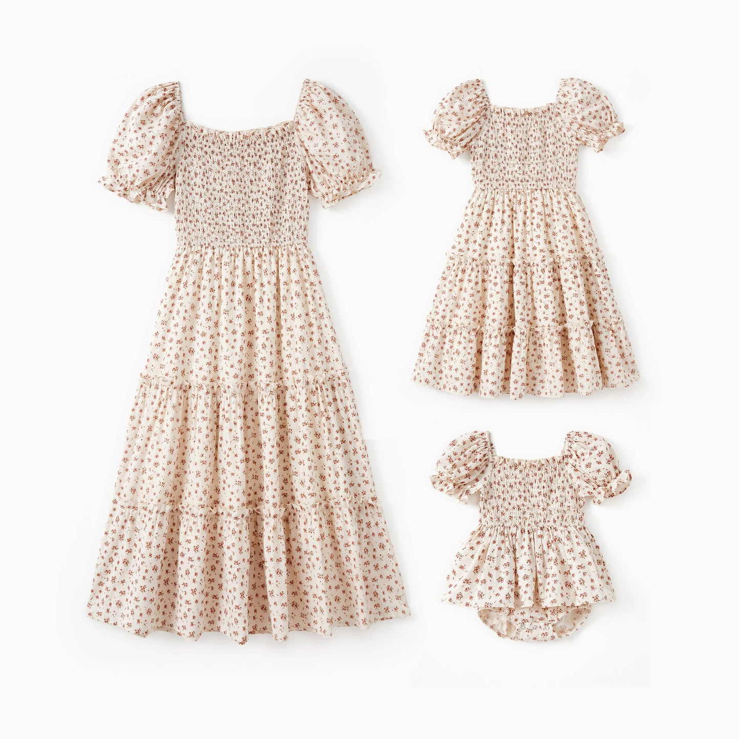 Mom & Me Ditsy Shirred Bodice Tiered Ruffle Trim Dress