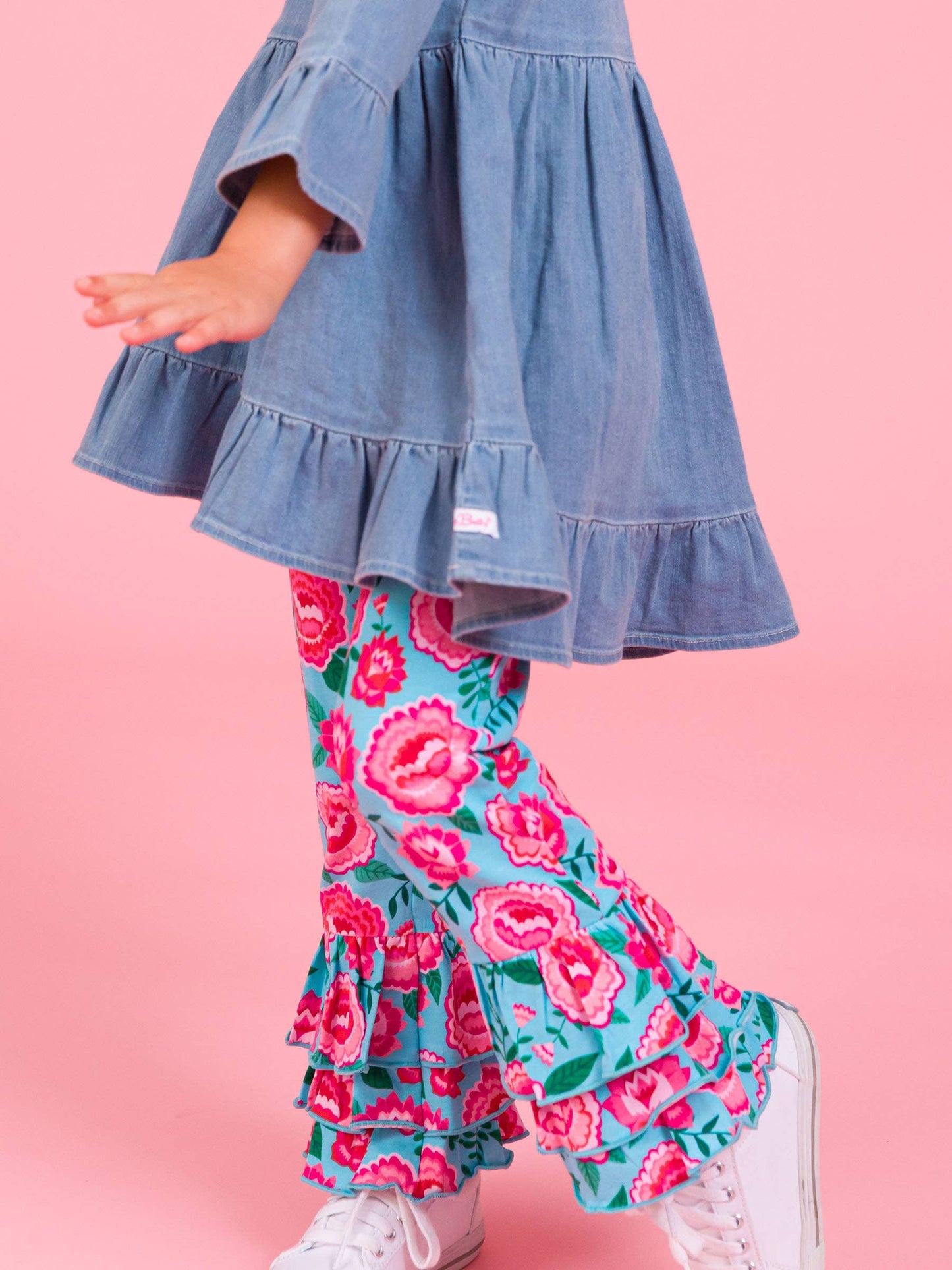 Girls Light Wash Stretch Denim High Low Ruffle Tunic